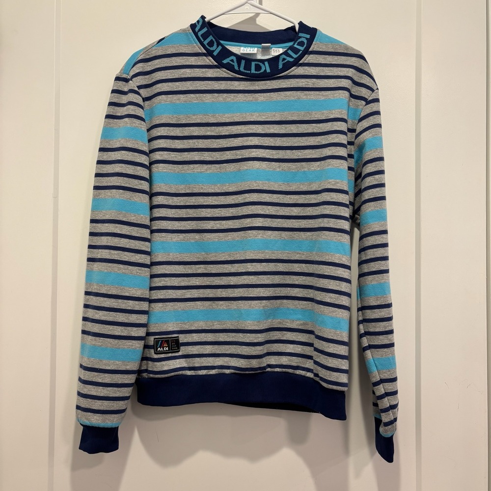 Aldi Gear Mens Striped Sweatshirt Blue Grey Logo Mock‎ Neck Pullover Size M